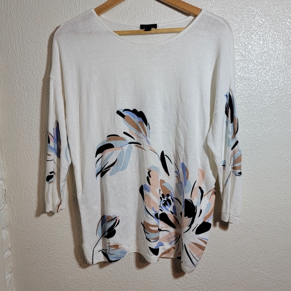 J Jill Wearever Collection Linen Blend Knit Floral Design Top sz M Ivory
